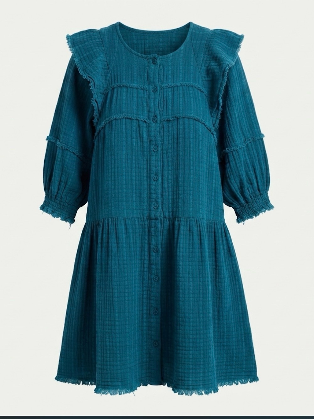 ZARA Girls Teal Blue Textured Gauze Tiered Tunic Dress - Size 6 / 116
